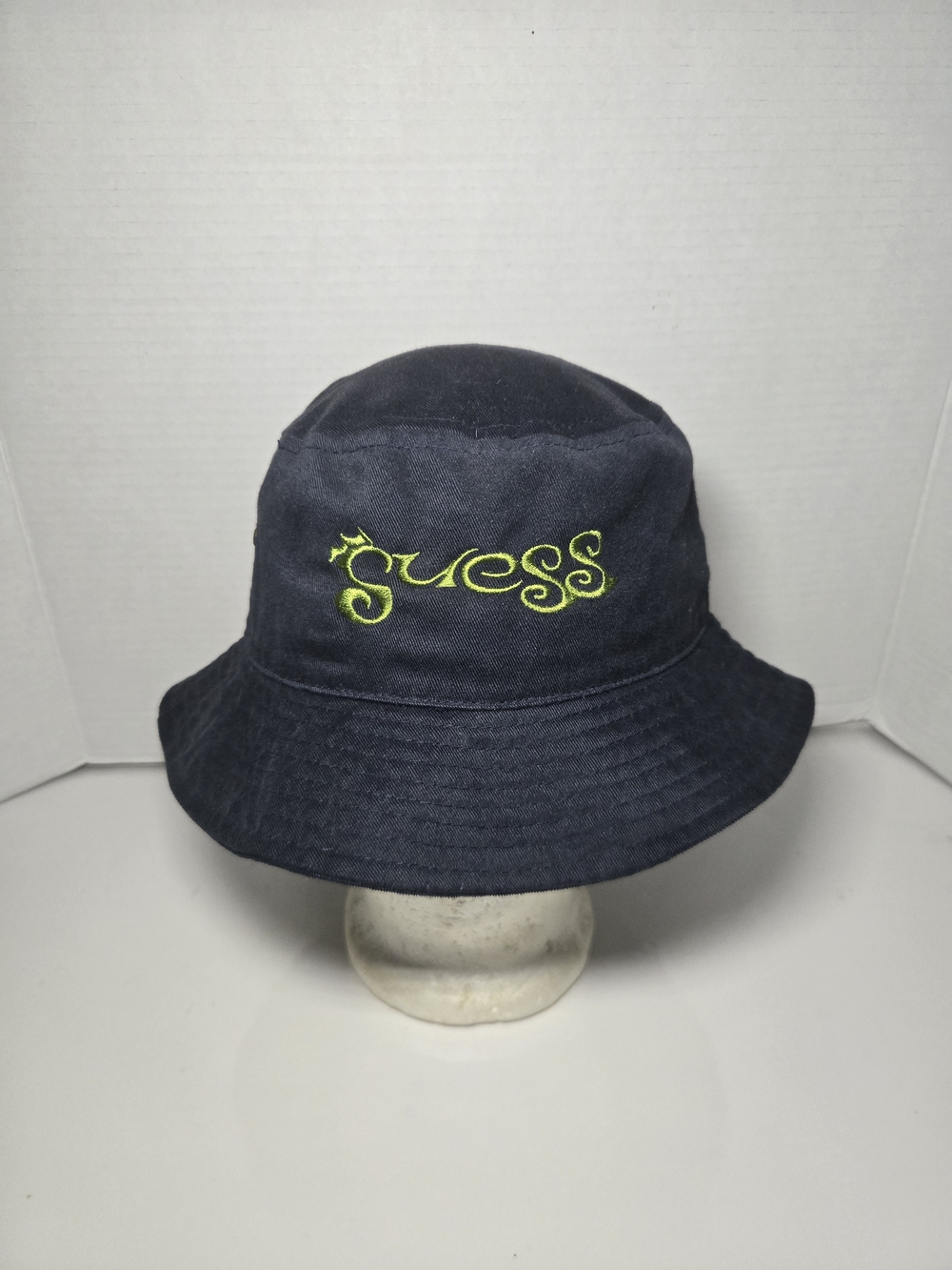 90s Vintage Guess Dark Blue Bucket Hat with Lime Logo